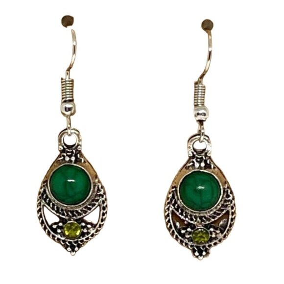 Silver Tone Dangle Earrings Green Faux Stone and Yellow Rhinestone Vintage Style - Picture 1 of 7